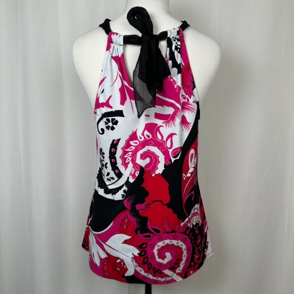 Tahari Y2K Sleeveless Halter Blouse Top Womens S Abstract Floral Print Black Red - Picture 2 of 9